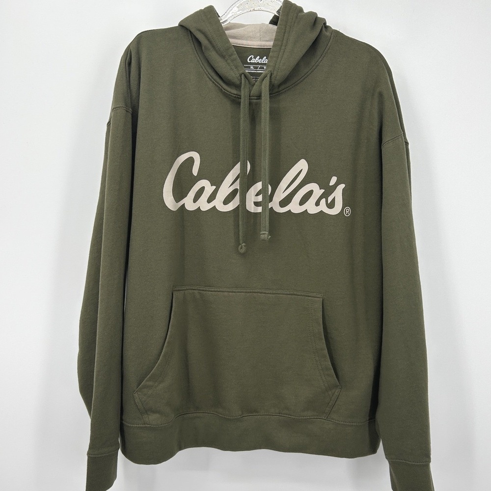 Cabelas Mens XL Olive Green Script Logo Pullover Hoodie Sweatshirt Relaxed Fit - Picture 2 of 6